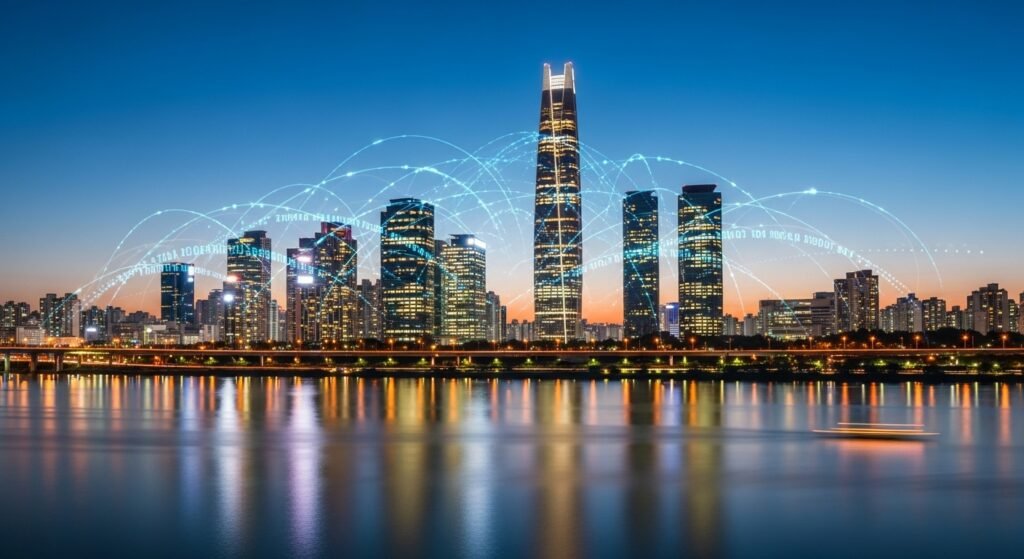 대한민국 서울의 야경과 디지털 금융망을 형상화한 풍경