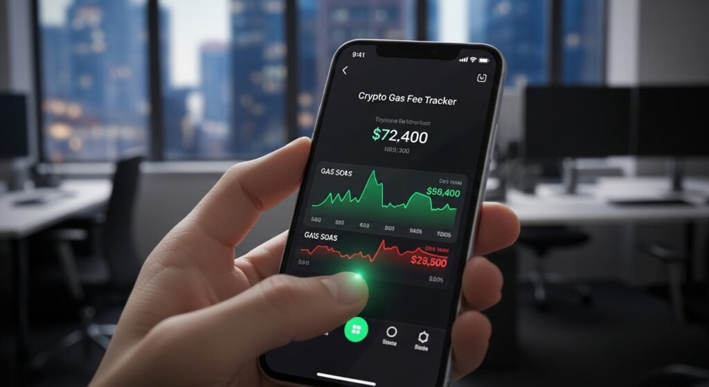 스마트폰 앱에서 실시간 암호화폐 전송 수수료를 모니터링하는 모습