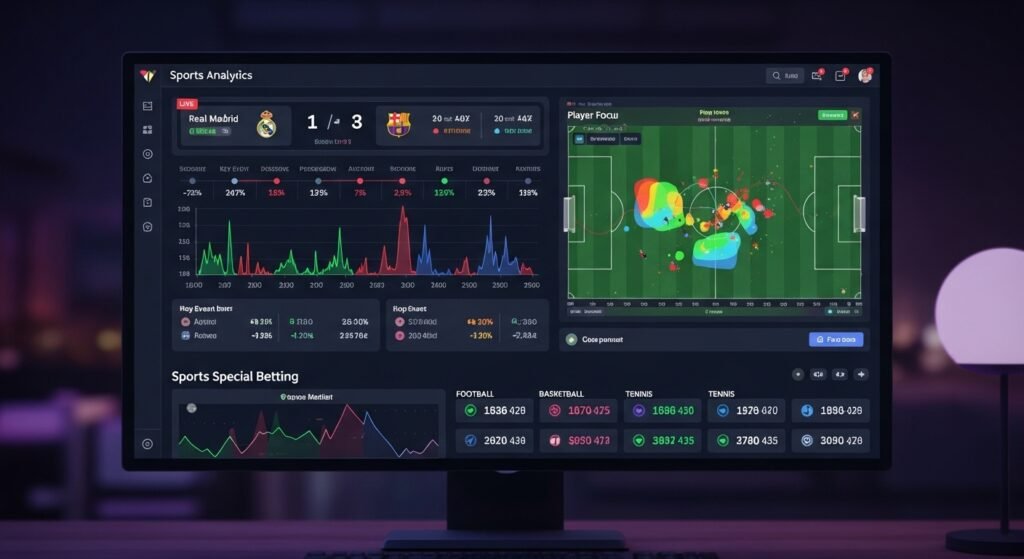 실시간 스포츠 경기 데이터와 스포츠스페셜 분석 지표가 표시된 세련된 대시보드 화면