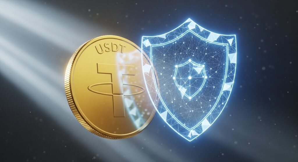 황금빛 테더 코인 로고와 보안을 상징하는 방패 아이콘이 결합된 모습