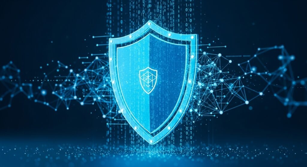 데이터 보안을 상징하는 푸른빛 디지털 방패와 네트워크 선